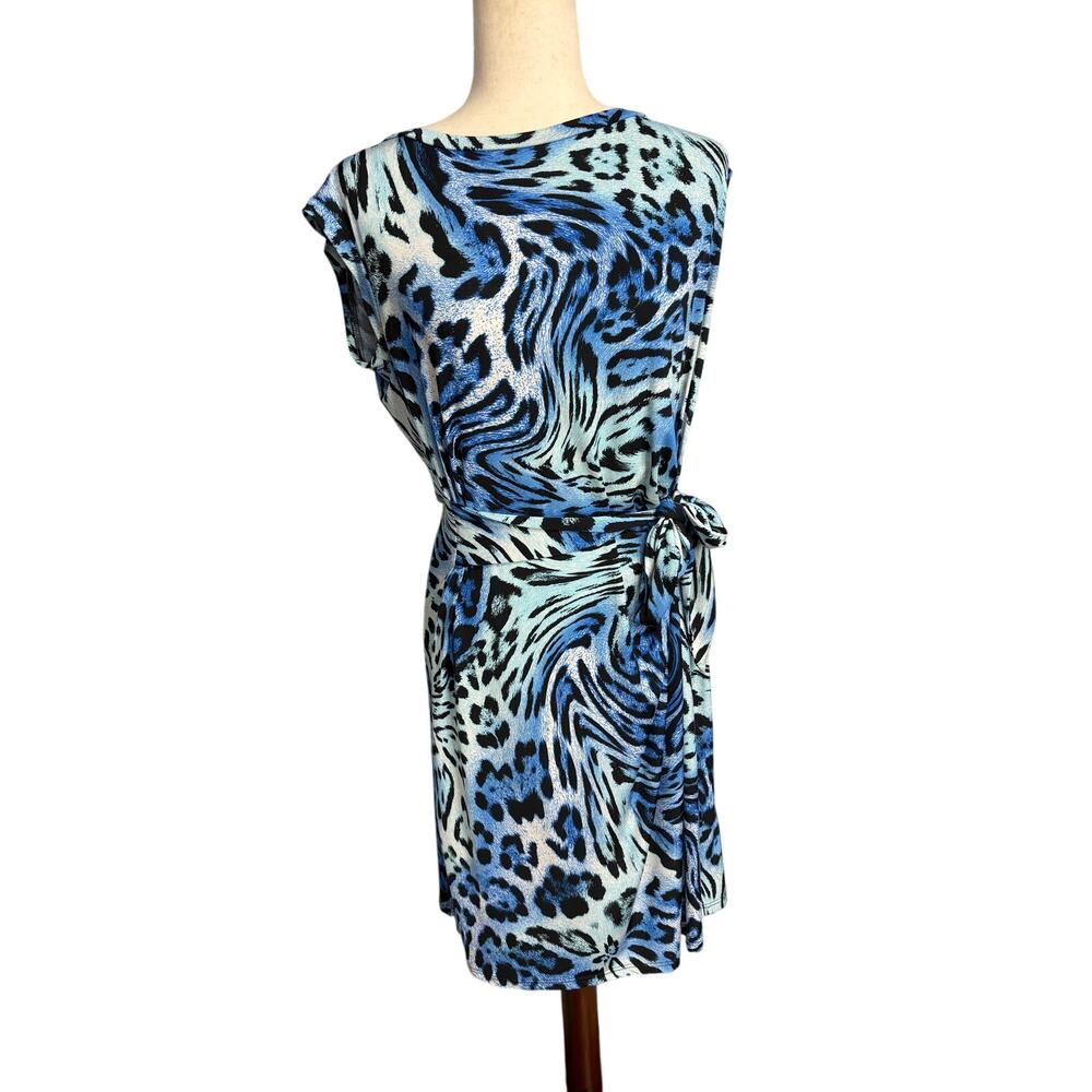 MSK blue white black animal print stretch dress women's size medium